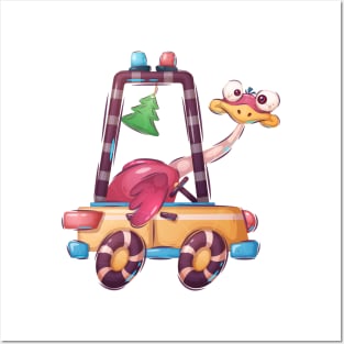 Funny ostrich driving a car cartoon concept Posters and Art